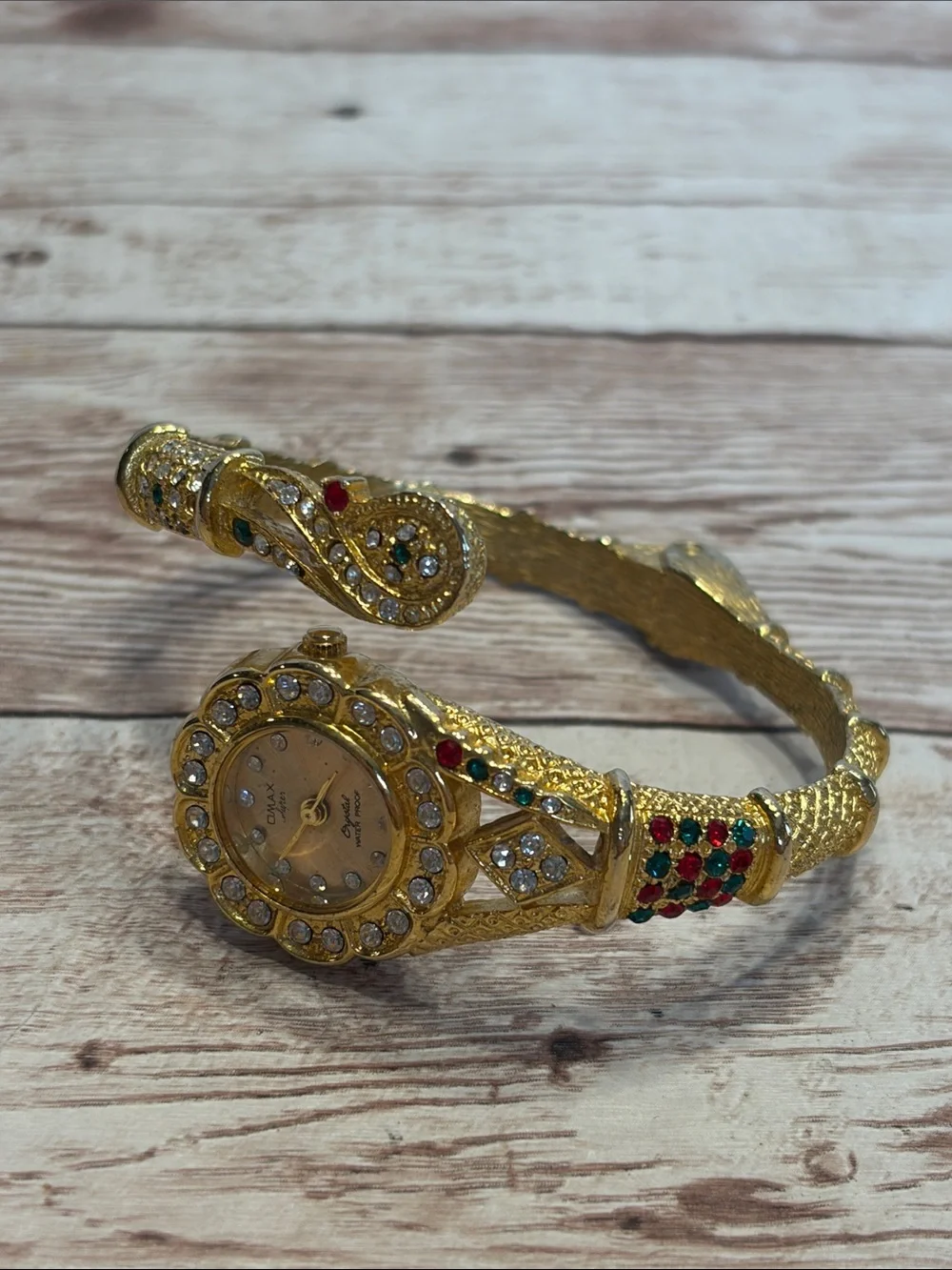 Vintage Quartz 18K Gold plated Bangle Watch with Multicolor Crystal Stones